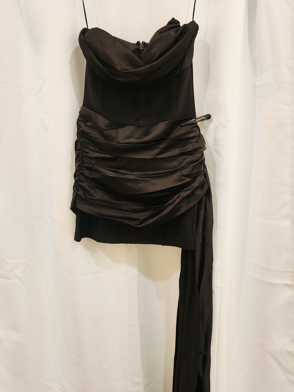 Fashion Nova Black Strapless Satin Ruched Mini Dress with Draped Sash